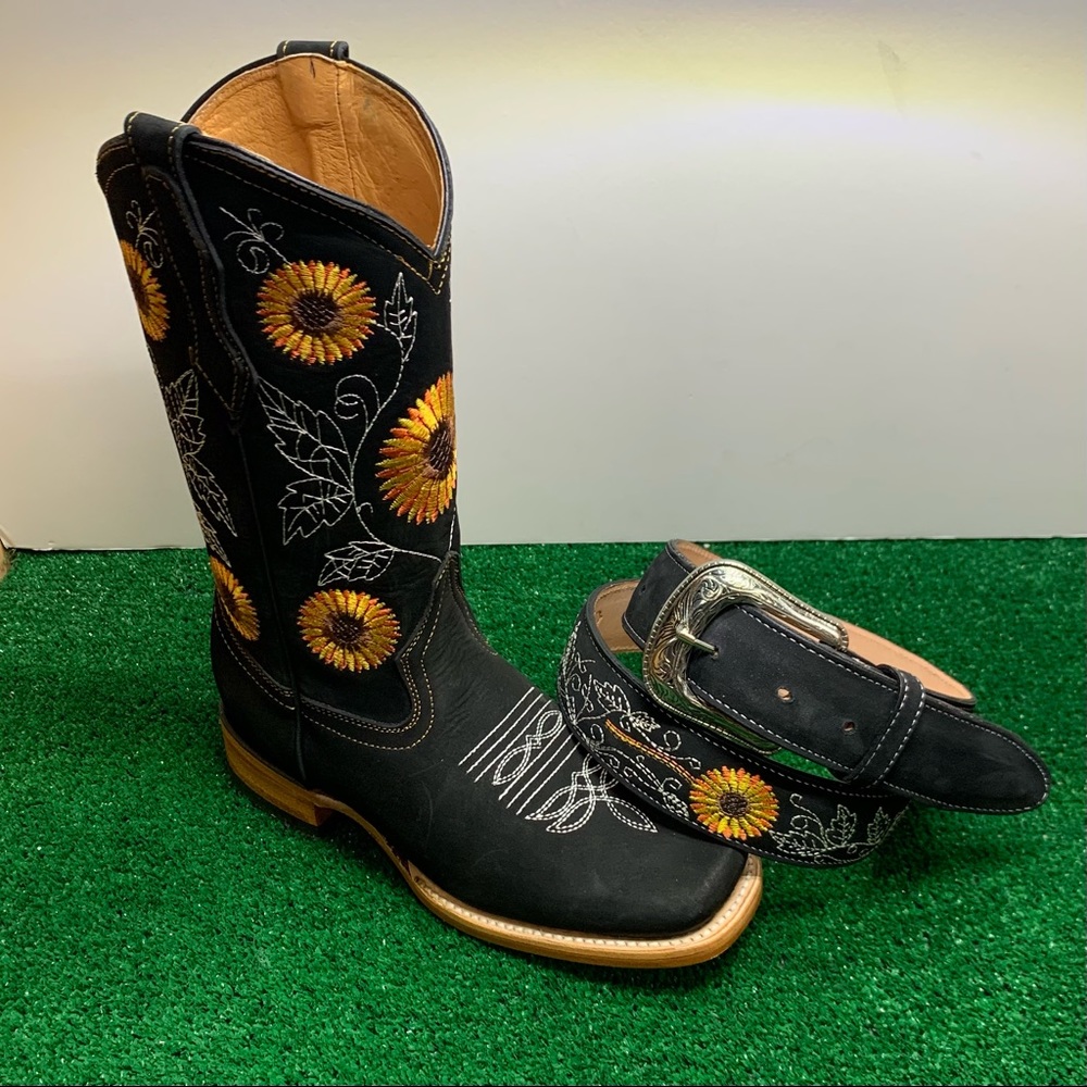 WOMEN'S WESTERN  RODEO COWGIRL LEATHER BOOTS “WITH BELT” SUNFLOWER BLACK 808